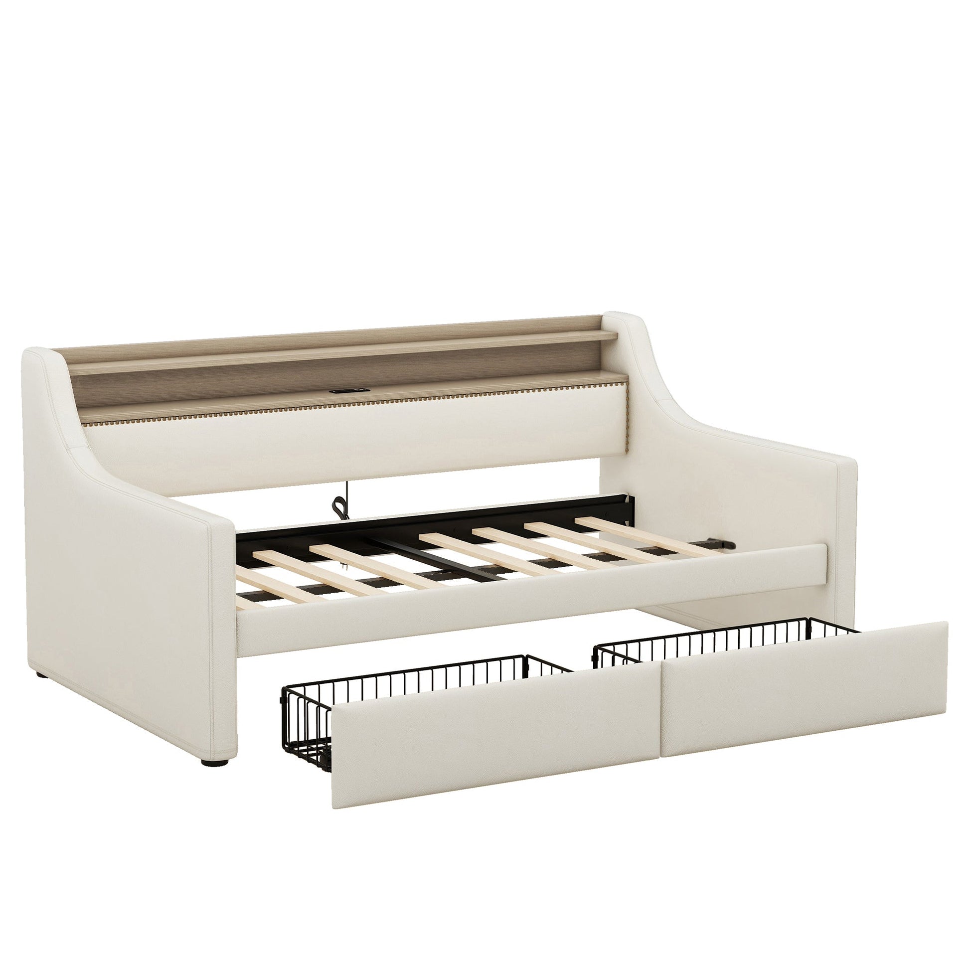 Twin Size Daybed with Storage Drawers, Upholstered Daybed with Charging Station and LED Lights, Beige - Korvel