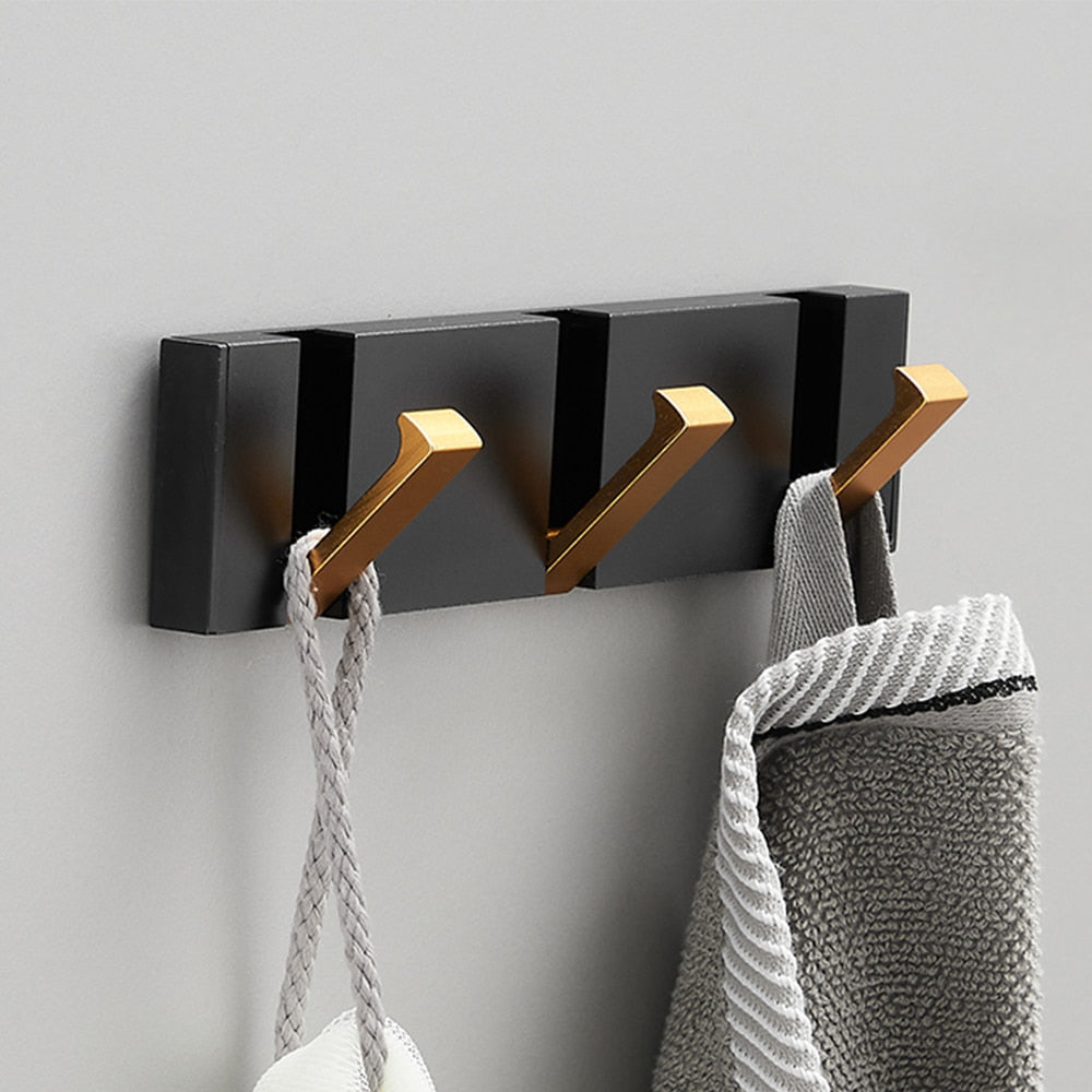 Folding Towel Hanger 2ways Installation Wall Hooks Coat Clothes Holder for Bathroom Kitchen Bedroom Hallway, Black Gold - Korvel