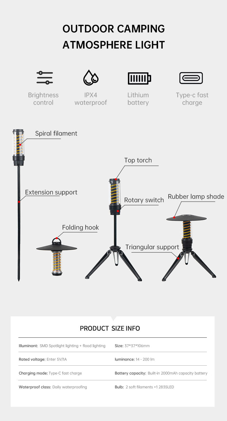 Lampe de camping portable pour extérieur avec trépied