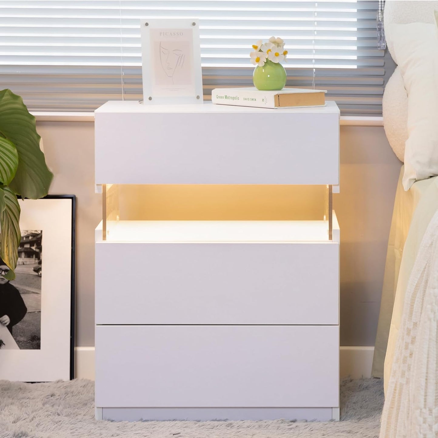 LED bedside table, bedroom, three drawers, dressing table, acrylic board, bedside furniture (white) - Korvel