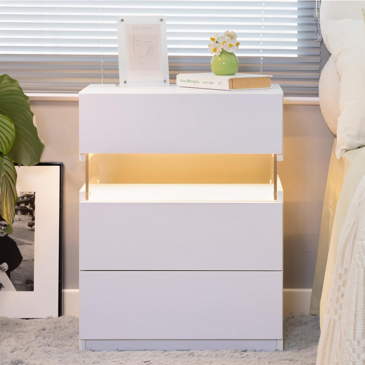 LED bedside table, bedroom, three drawers, dressing table, acrylic board, bedside furniture (white) - Korvel