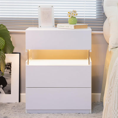 LED bedside table, bedroom, three drawers, dressing table, acrylic board, bedside furniture (white) - Korvel