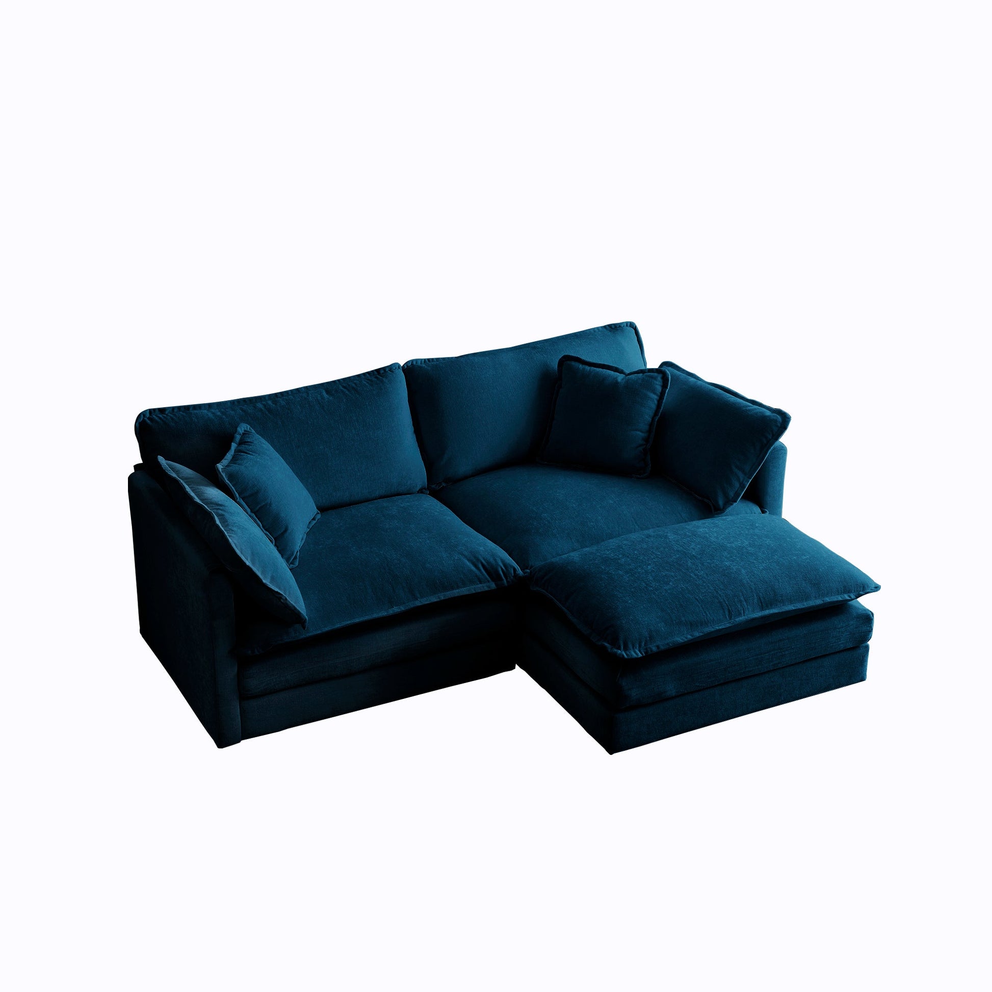 Chenille double sofa with 1 foot pedal, 2 seats L-shaped section, Ottoman style blue Chenille - Korvel