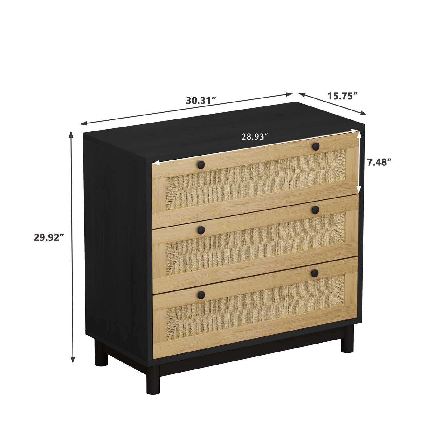 Elegante gabinete de almacenamiento de 3 cajones con cajones tejidos de cuerda