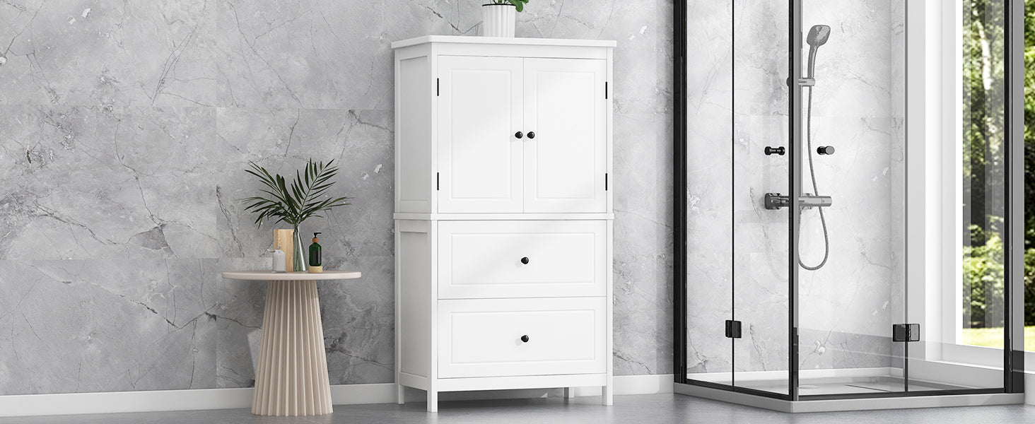 Bathroom Storage Cabinet, Cabinet with Two Doors and Drawers, Adjustable Shelf, MDF Board, White - Korvel