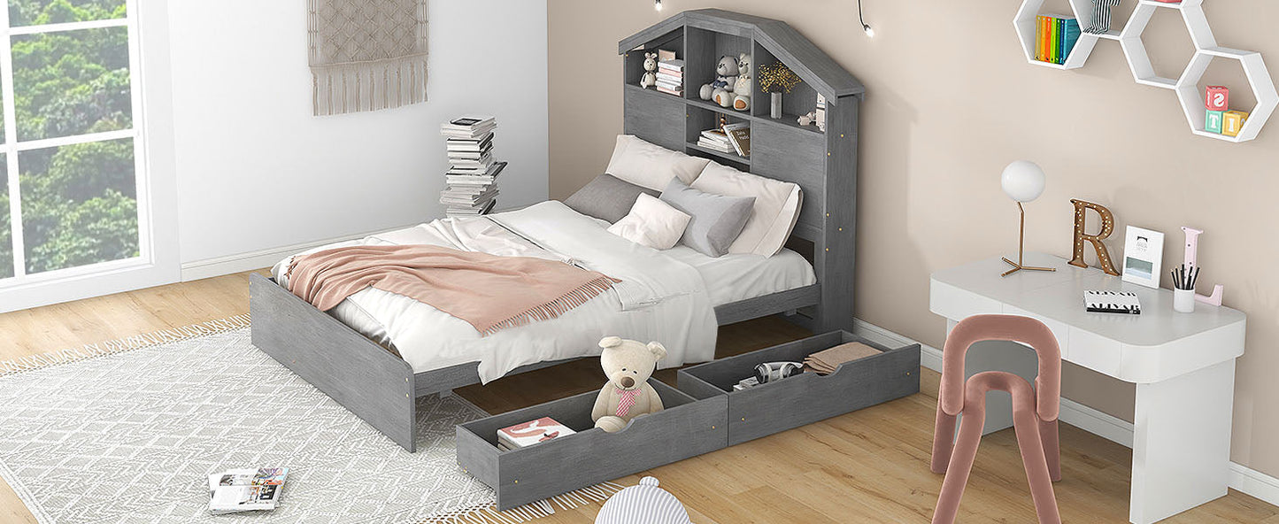 Full Size Wood Platform Bed with Storage Headboard - Gray