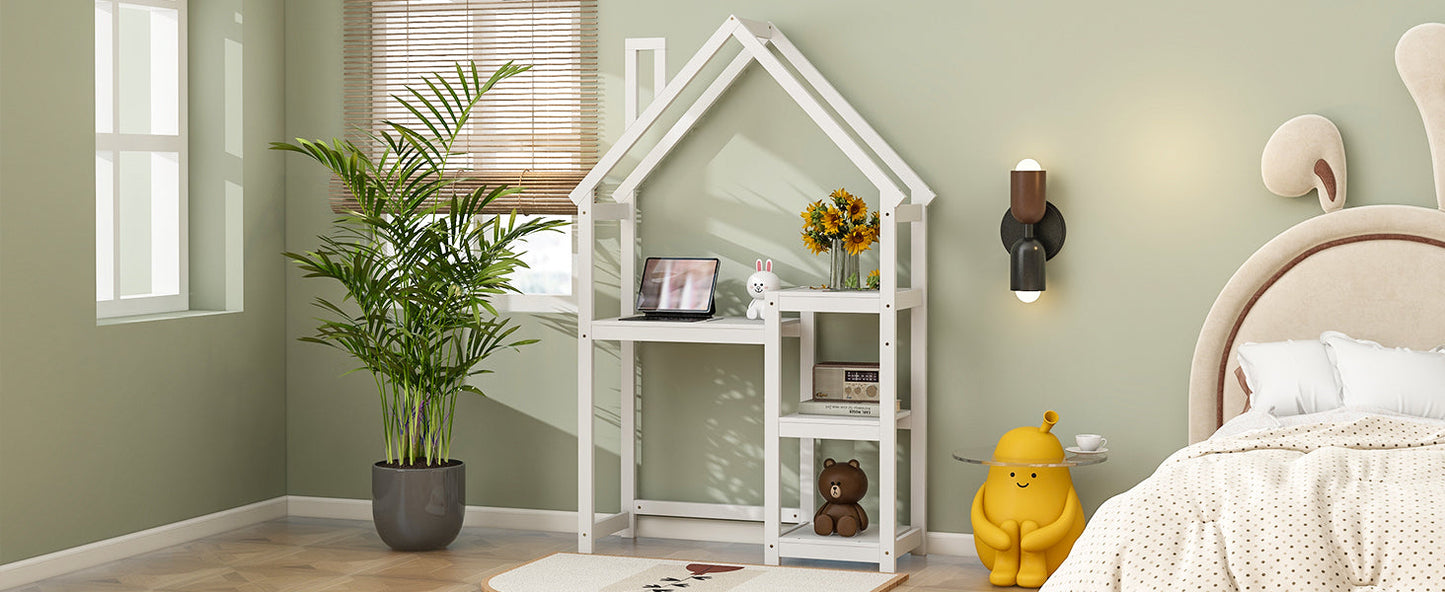 House-shaped Wooden writing Desk,Kids study Table,Bookshelf & Toy Storage,White - Korvel
