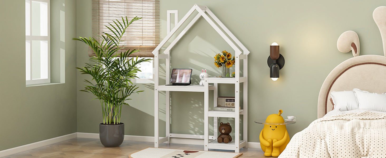 House-shaped Wooden writing Desk,Kids study Table,Bookshelf & Toy Storage,White - Korvel