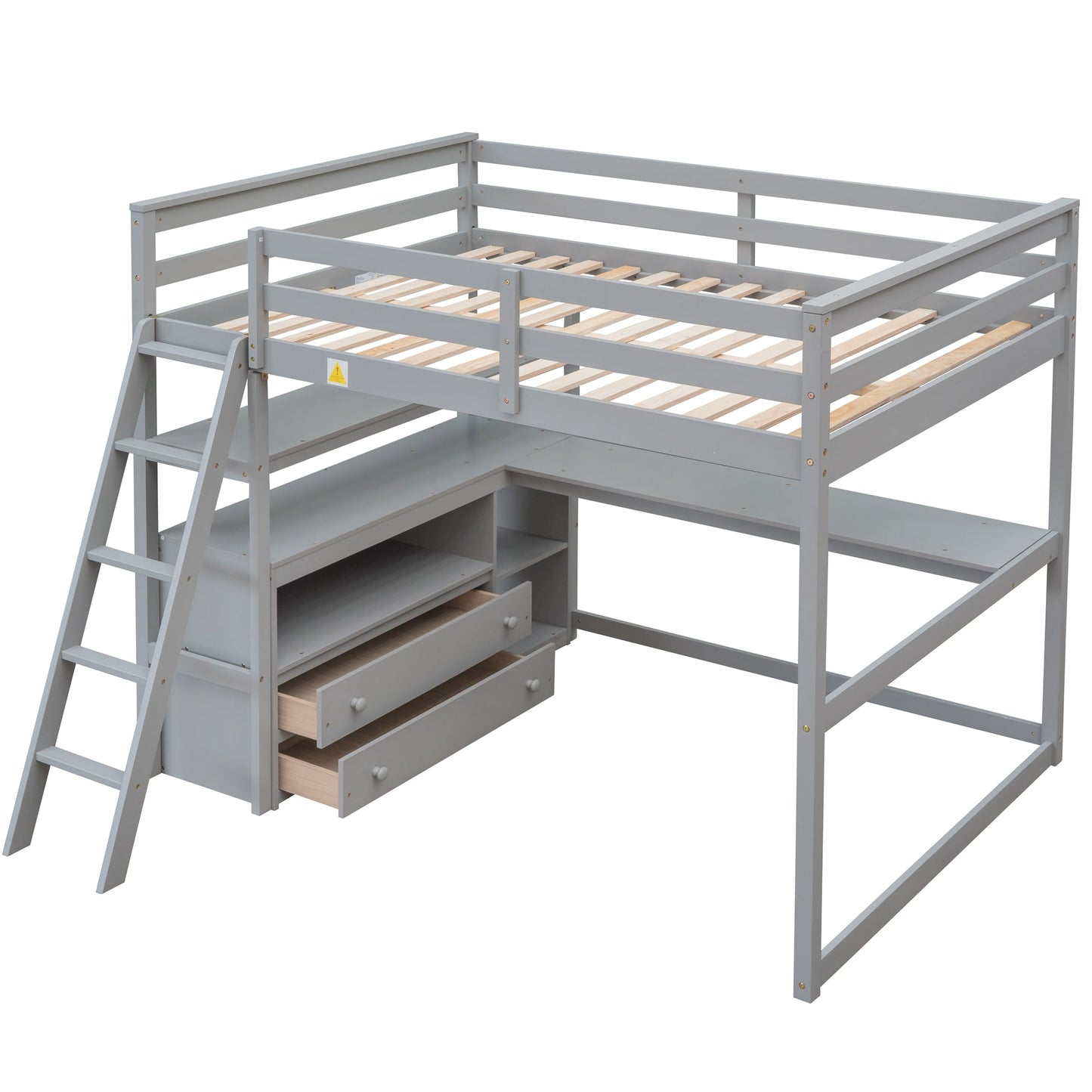 Full Size Loft Bed with Desk and Shelves - Gray
