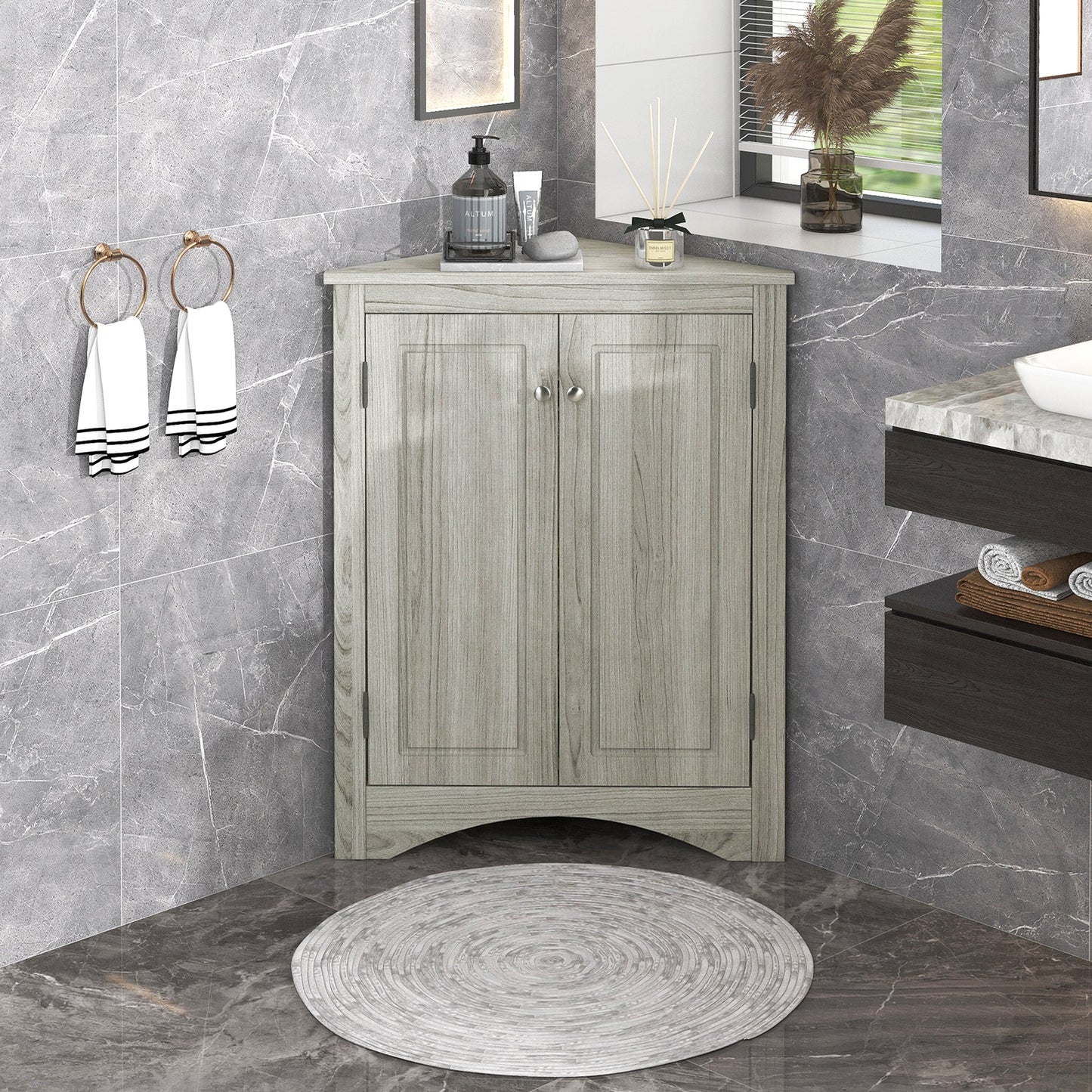 Oak Triangle Bathroom Storage Cabinet with Adjustable Shelves, Freestanding Floor Cabinet for Home Kitchen - Korvel