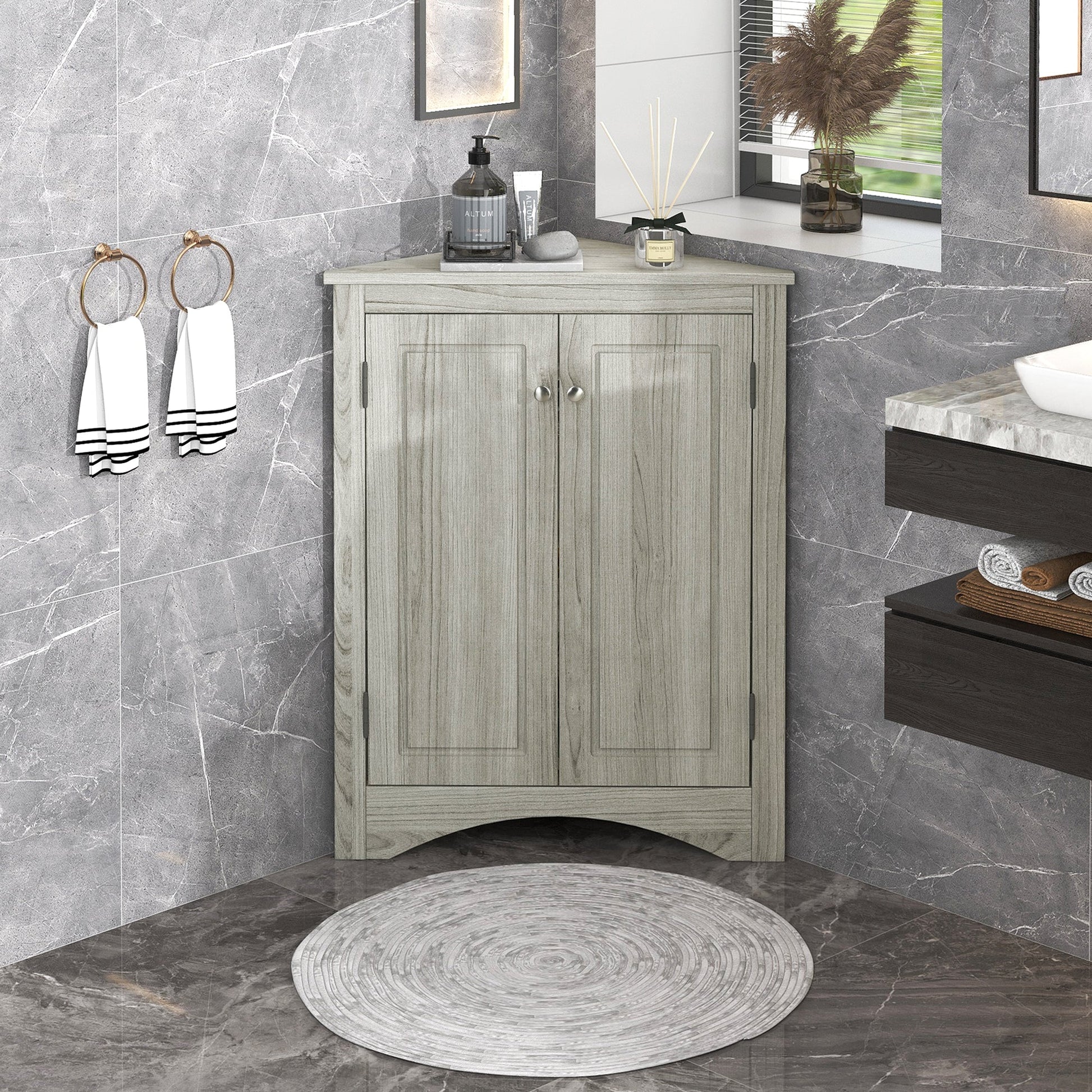 Oak Triangle Bathroom Storage Cabinet with Adjustable Shelves, Freestanding Floor Cabinet for Home Kitchen - Korvel