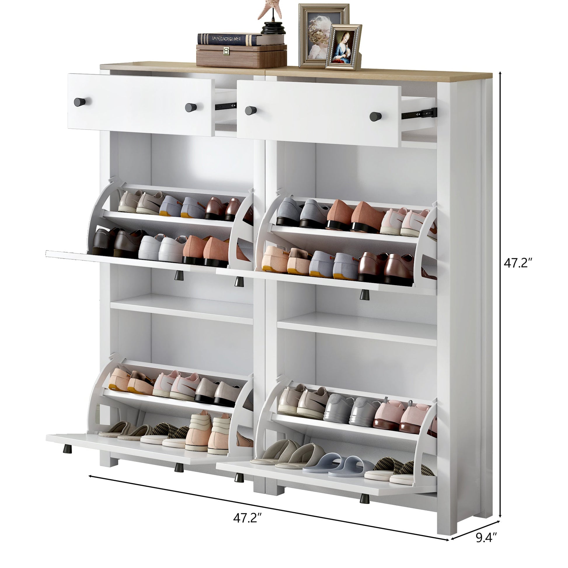 ONTREND ultra-thin shoe cabinet set with 4 flip drawers and adjustable panel top shoe rack, white - Korvel