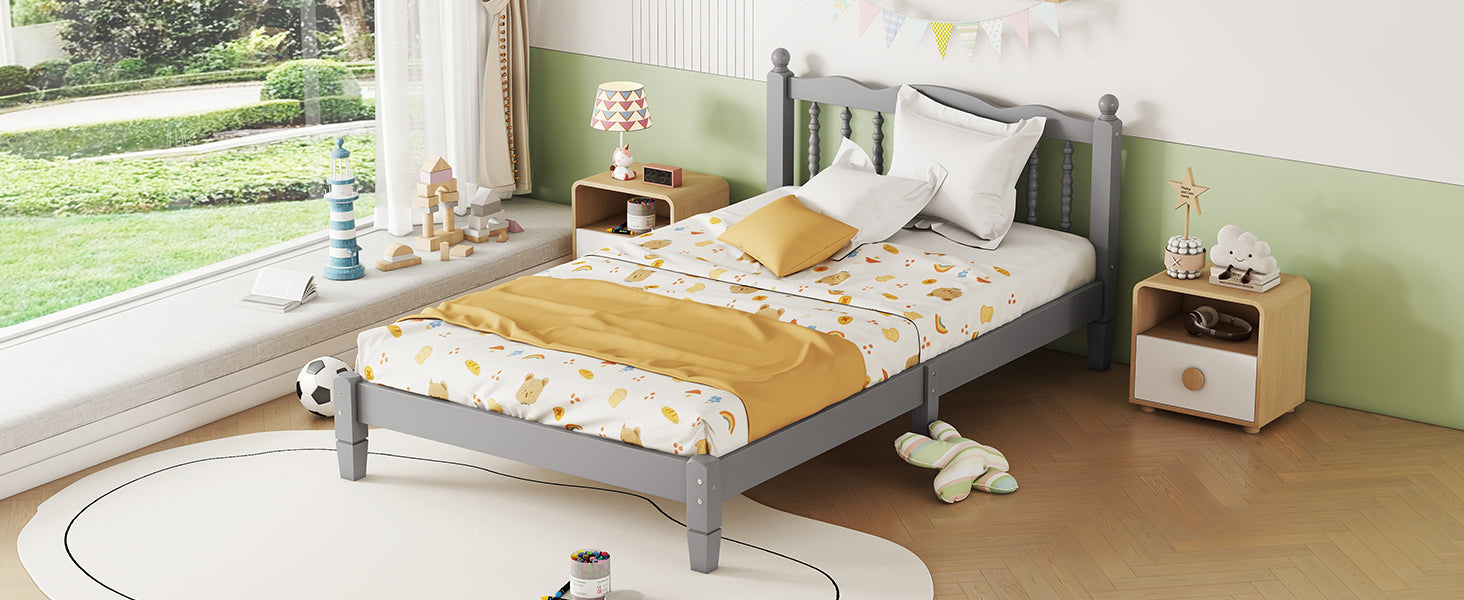 Twin Bed with Column-Decoration Headboard, with Bed Slats,Grey - Korvel