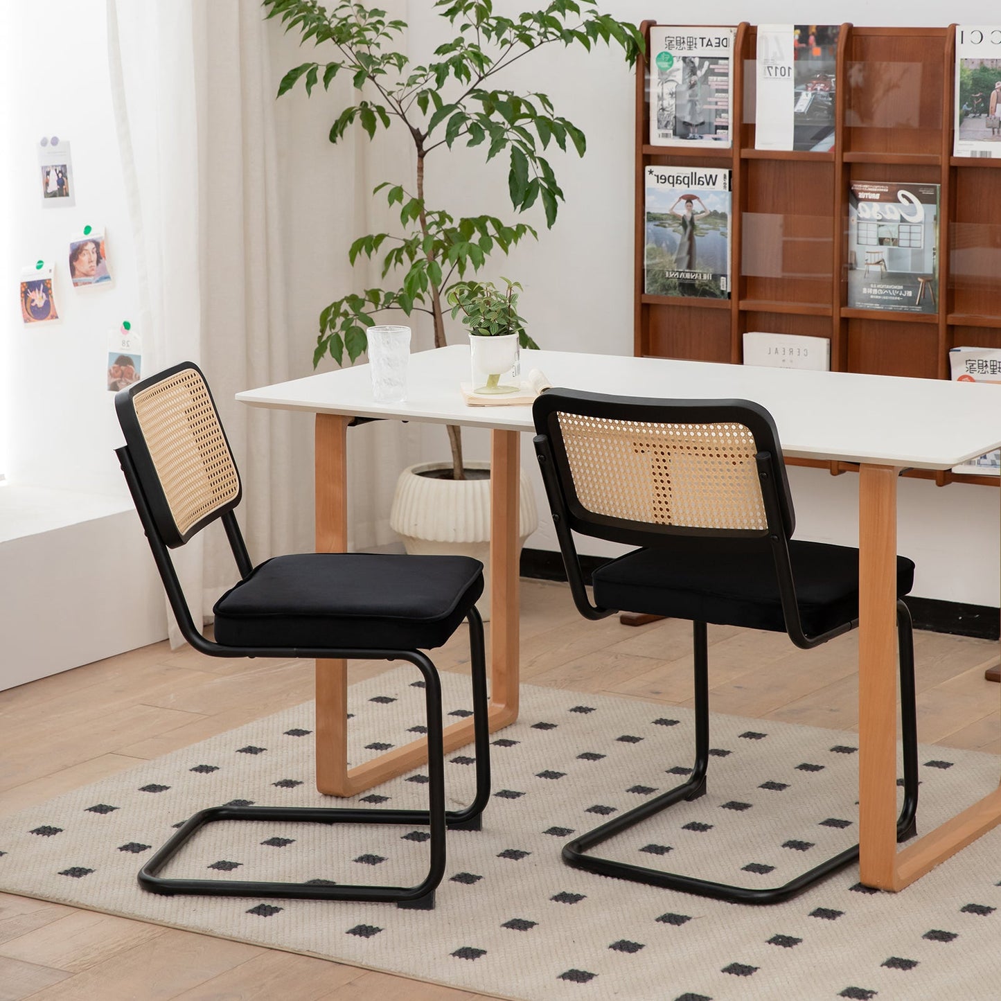 Dining Chairs Set of 2 velvet wicker side decorative chairs, black painted legs, modern medieval Bruell designed chairs, - Korvel