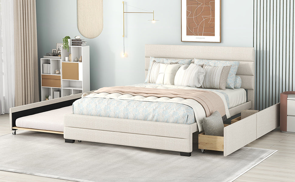 Queen Upholstered Platform Bed with Twin Size Trundle and Two Drawers  Beige - Korvel