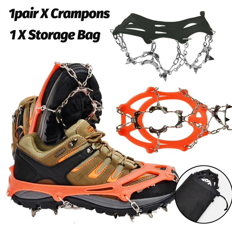 1 Pair Outdoor Climbing Non-slip Ice Snow Grippers 13 Teeth Spike Cleats Crampons for Family Outdoor Camping Accessories - Korvel