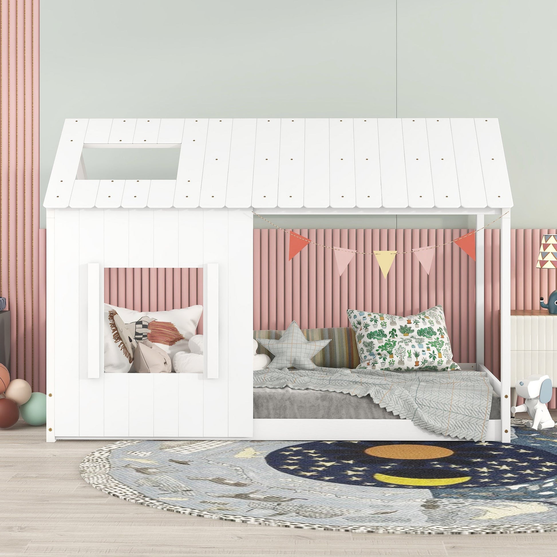 Twin Size House Bed with Roof and Window - White - Korvel