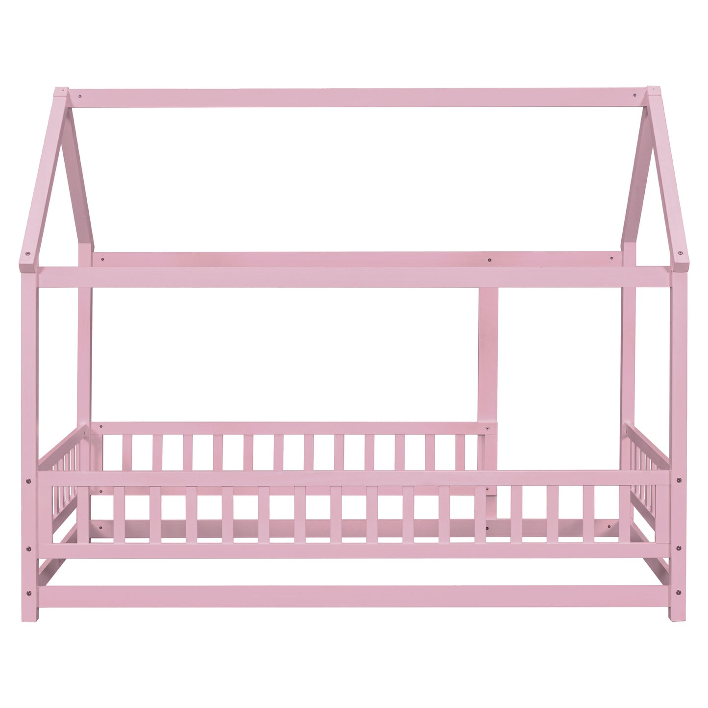 Twin Size Floor Wooden Bed with House Roof Frame, Fence Guardrails,Pink - Korvel