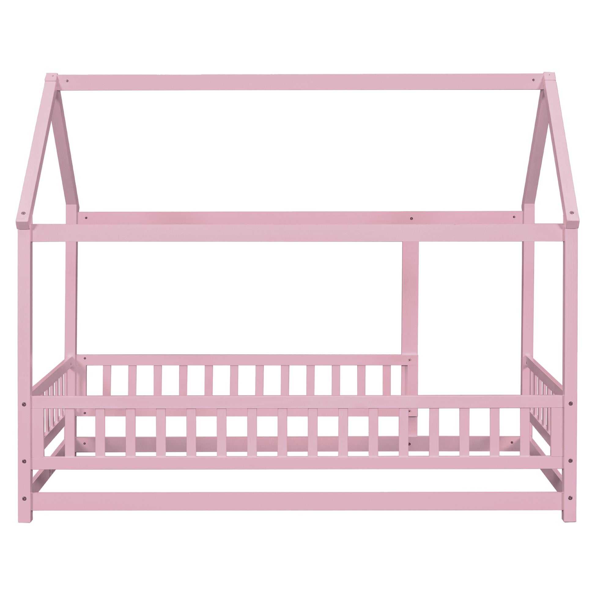 Twin Size Floor Wooden Bed with House Roof Frame, Fence Guardrails,Pink - Korvel