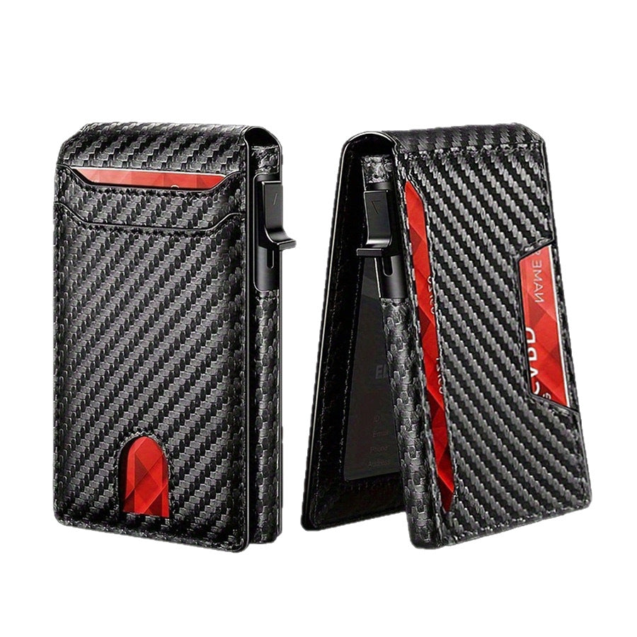 Carbon fiber patterned men's wallet wallet two fold flip card box anti-theft brush wallet magnetic suction side push card bag - Korvel