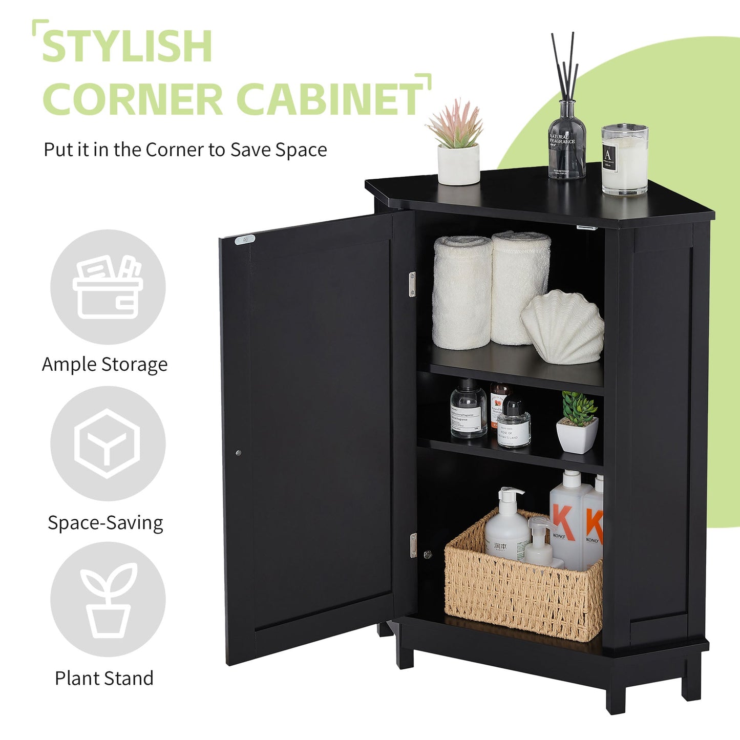 Black Bathroom Cabinet Triangle Corner Storage Cabinet with Adjustable Shelf Modern Style MDF Board - Korvel