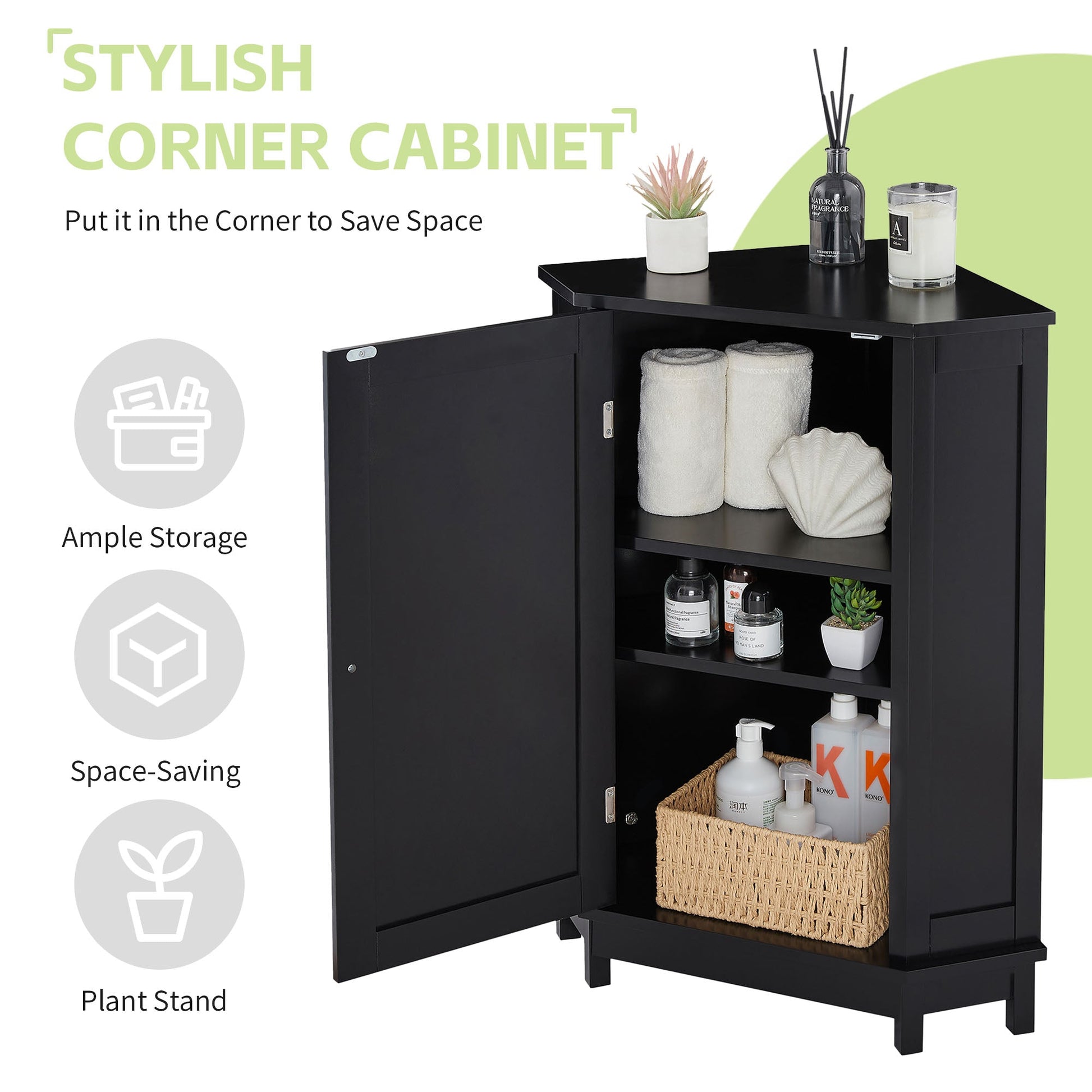 Black Bathroom Cabinet Triangle Corner Storage Cabinet with Adjustable Shelf Modern Style MDF Board - Korvel