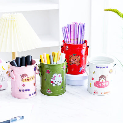 Cylindrical wrought iron pen holder DIY creative desktop storage bucket multifunctional stationery pen holder - Korvel