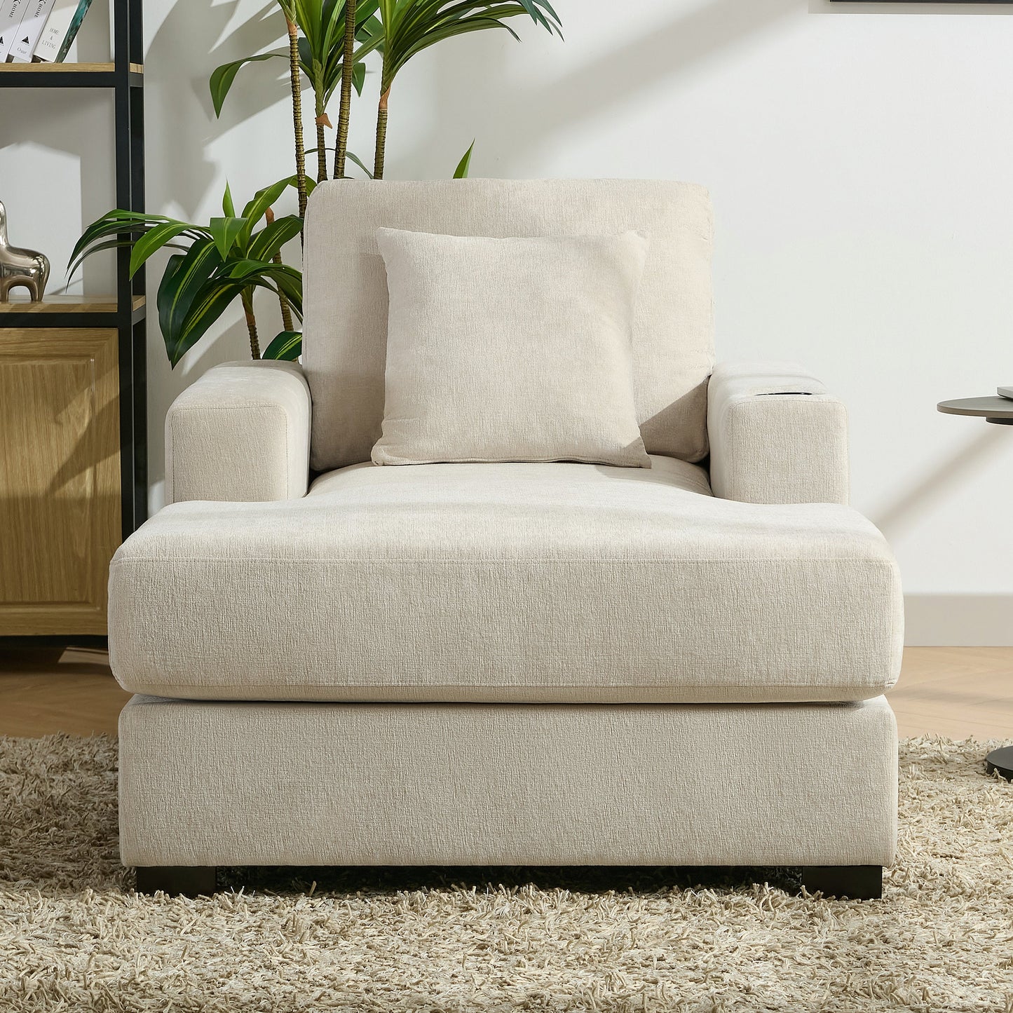 39.7" Oversized Chaise Lounger Modern Style Sofa Couch ,with Pillows, Charge Station & Cup Holders, Chenille Fabric, Cream - Korvel