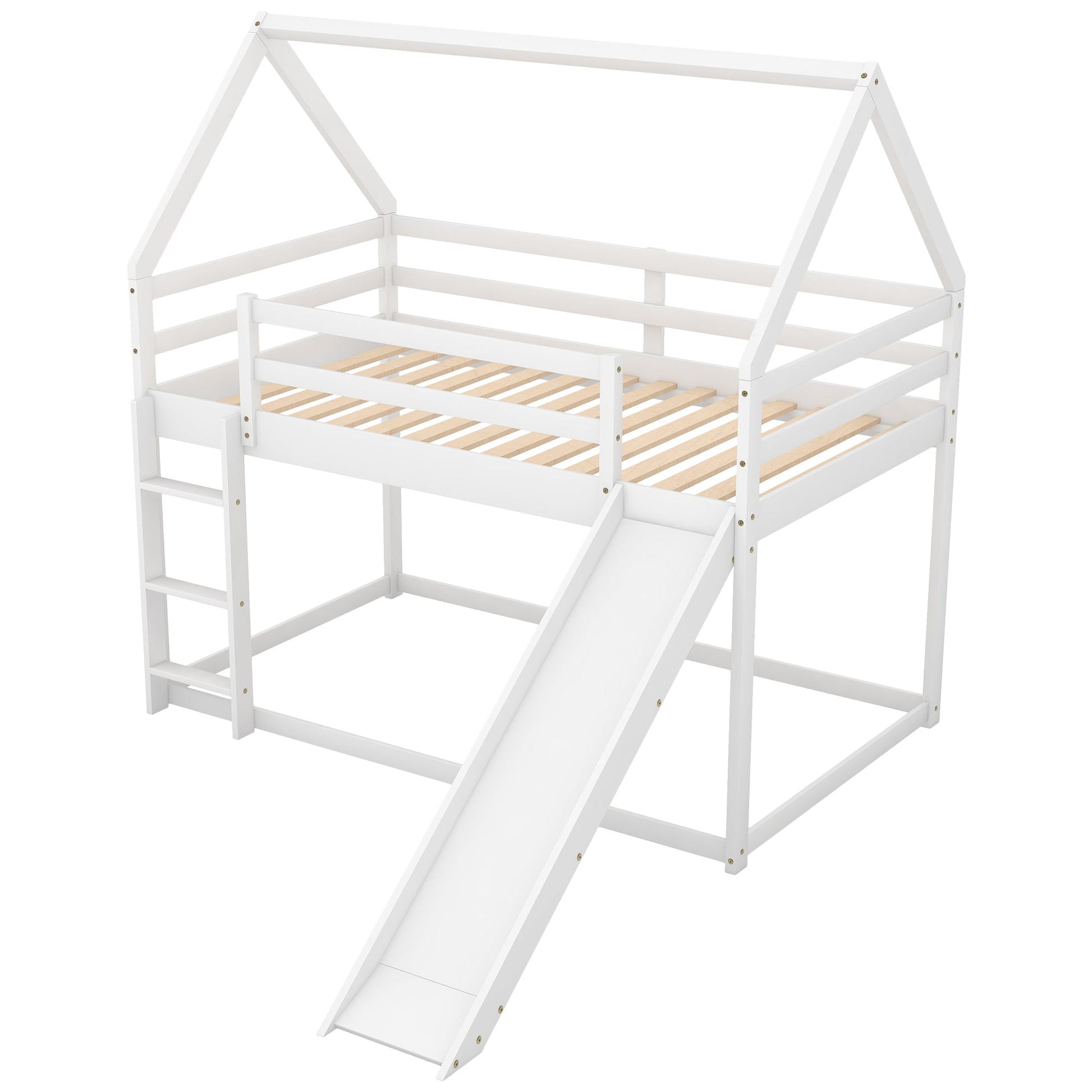 Twin Size Bunk House Bed with Slide and Ladder White - Korvel