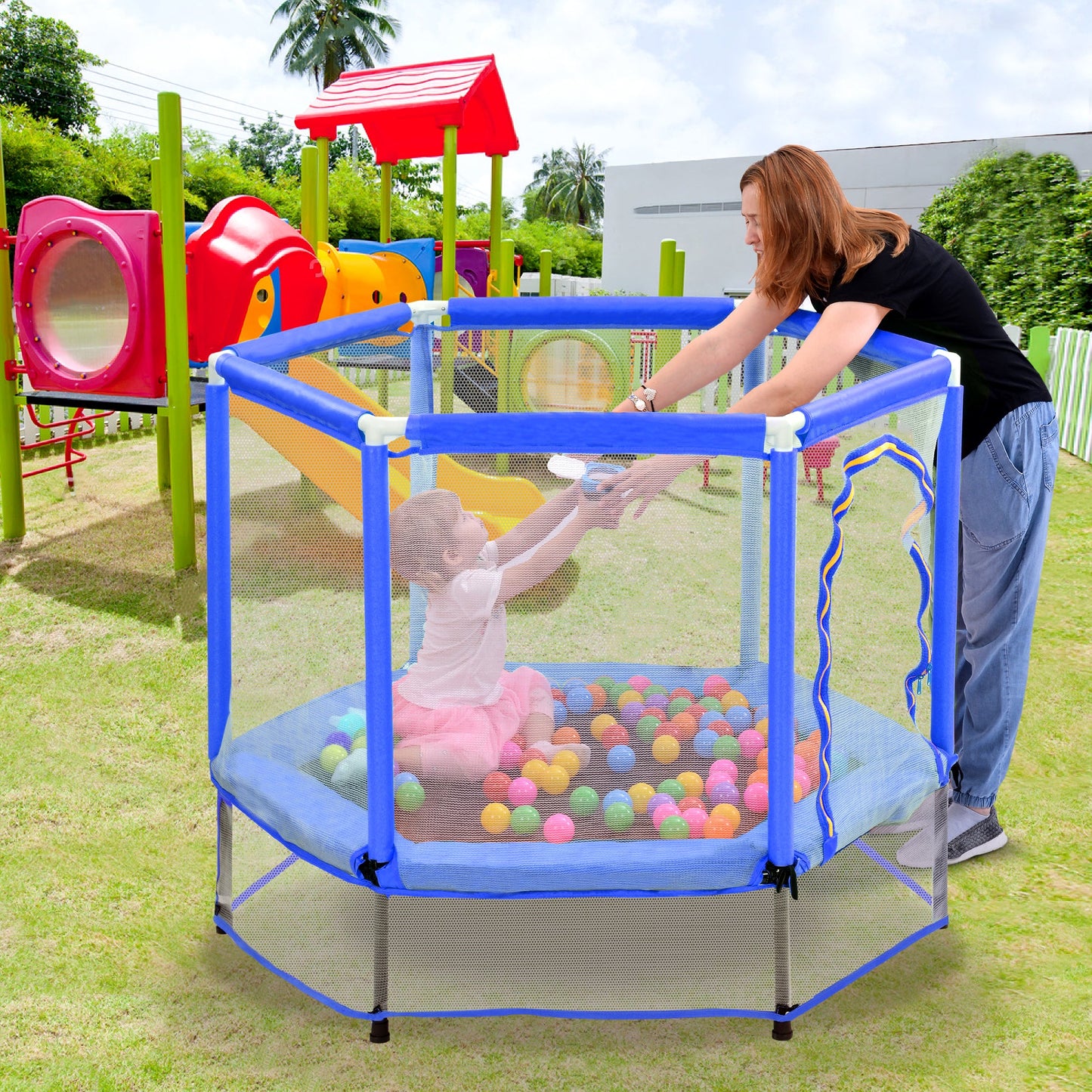 55'' Toddlers Trampoline with Safety Enclosure Net and Balls, Indoor Outdoor Mini Trampoline for Kids - Korvel