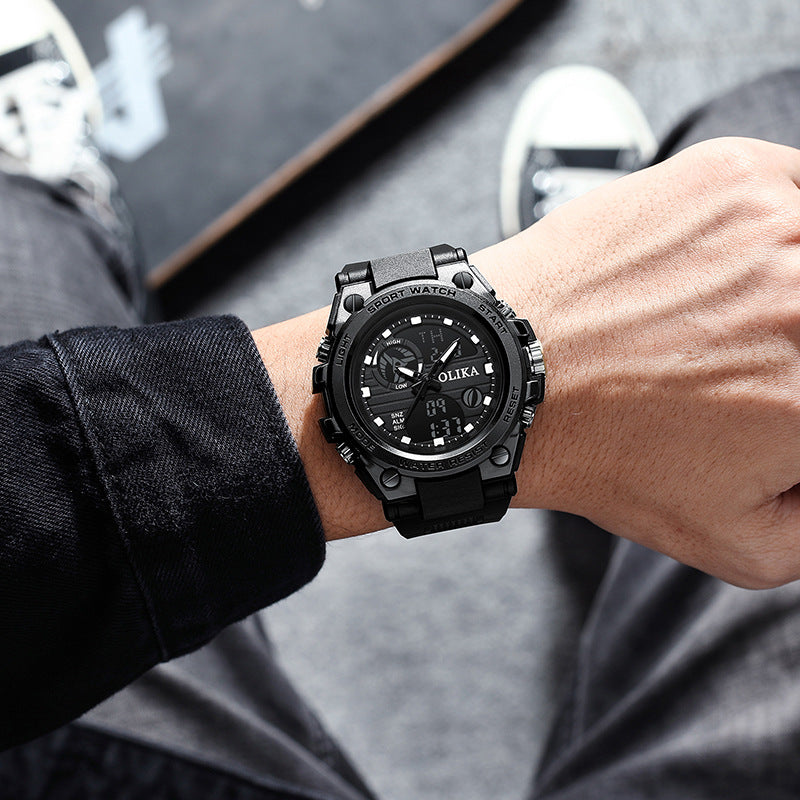 Men's dual display waterproof electronic watch, outdoor sports timing multifunctional quartz electronic watch, shock resistant student watch - Korvel