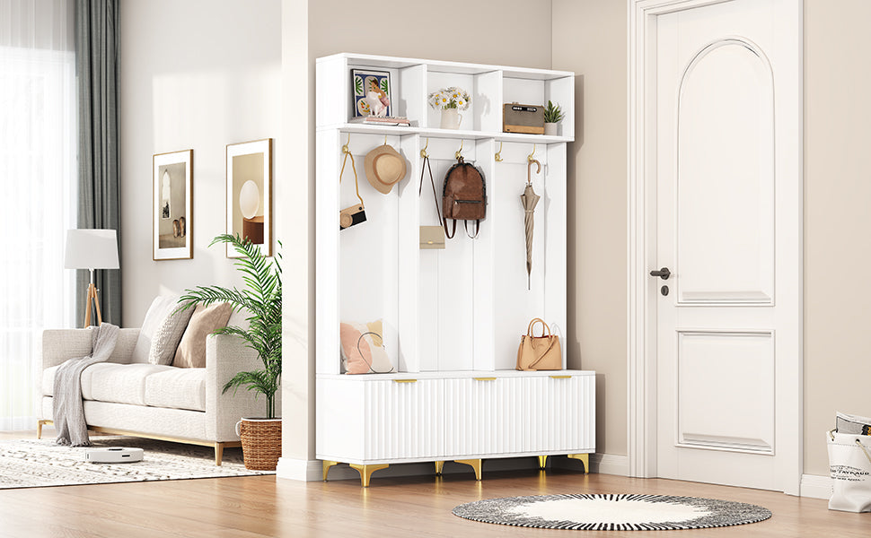 Large storage hall tree with bench, multifunctional storage platform, luxury clothes hanger equipped with 6 gold hooks - Korvel