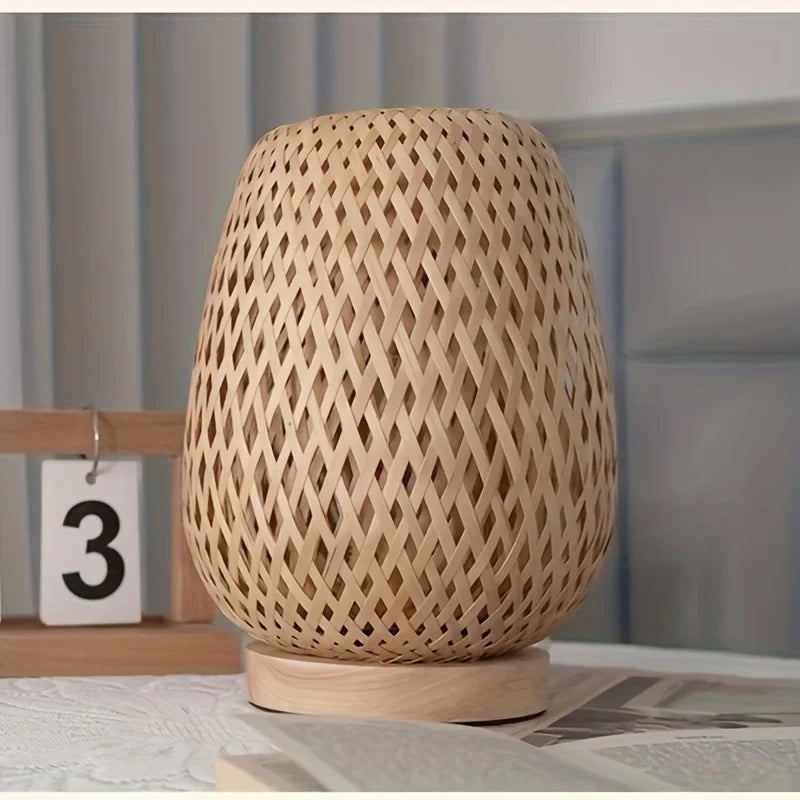 Retro Japanese Style Lamp Bamboo Woven Desk Lamp Handmade Rattan LED Desk Lamp Wooden House Decoration Light - Korvel