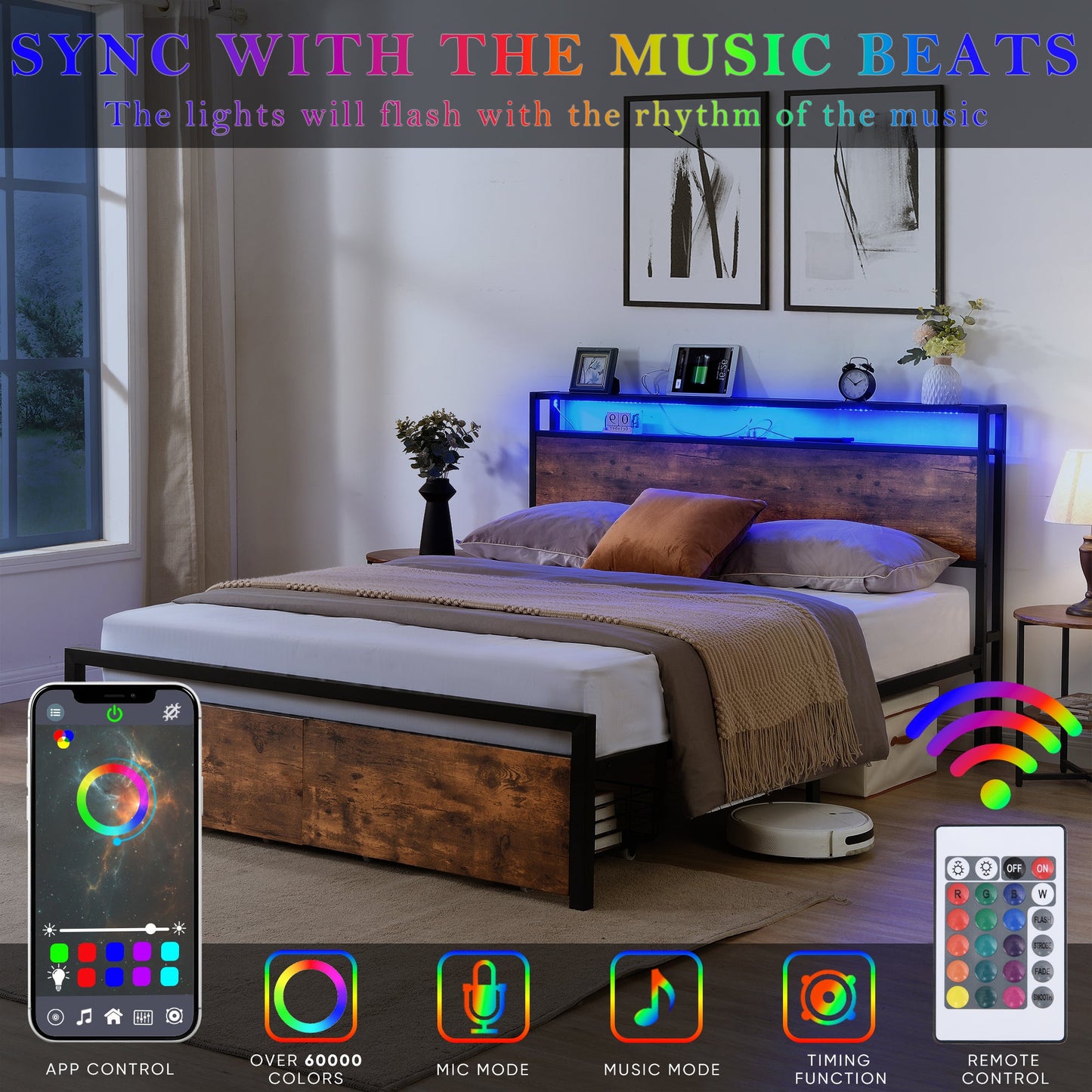 Full size bedstead with storage headboard and 2 drawers, LED light bed with charging station, metal Flat noodles support - Korvel