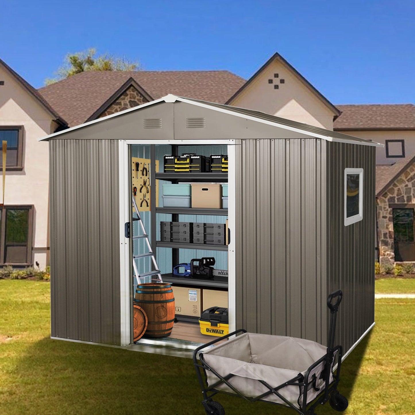 8ft x 6ft Outdoor Metal Storage Shed with Window Grey(W540S00016) - Korvel