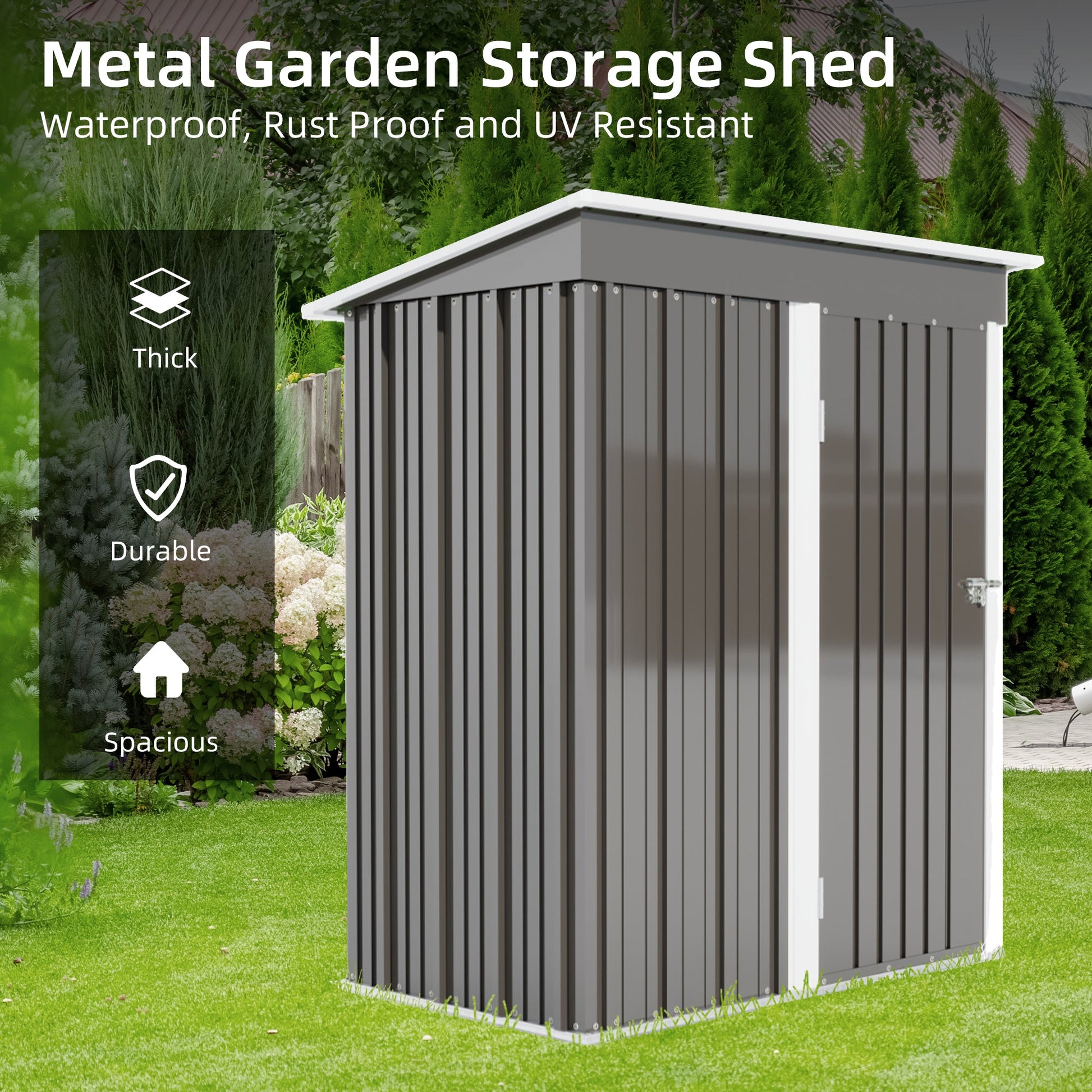 5 * 3FT outdoor storage shed, tool shed with sloping roof and lockable door, backyard garden metal shed, courtyard lawn, gray - Korvel
