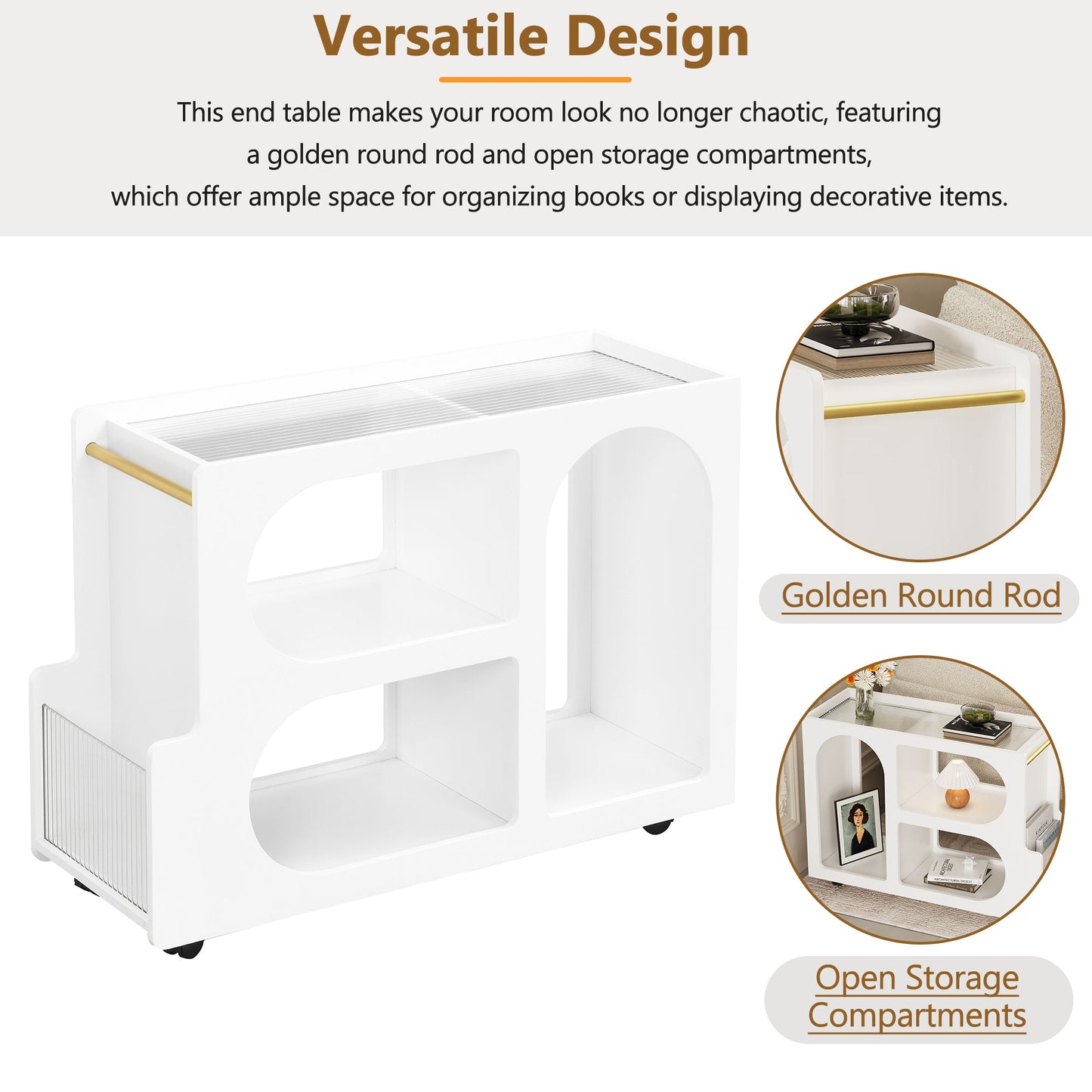 Table d'appoint mobile élégante avec roues verrouillables et verre trempé
