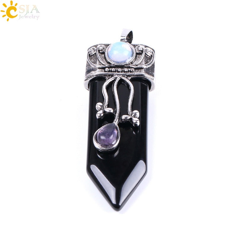 CSJA Vintage Large Natural Stone Sword-Shaped Pendant Jewelry Striped Crystal Agate Tiger Eye Jewelry Pendant Without Chain - Korvel