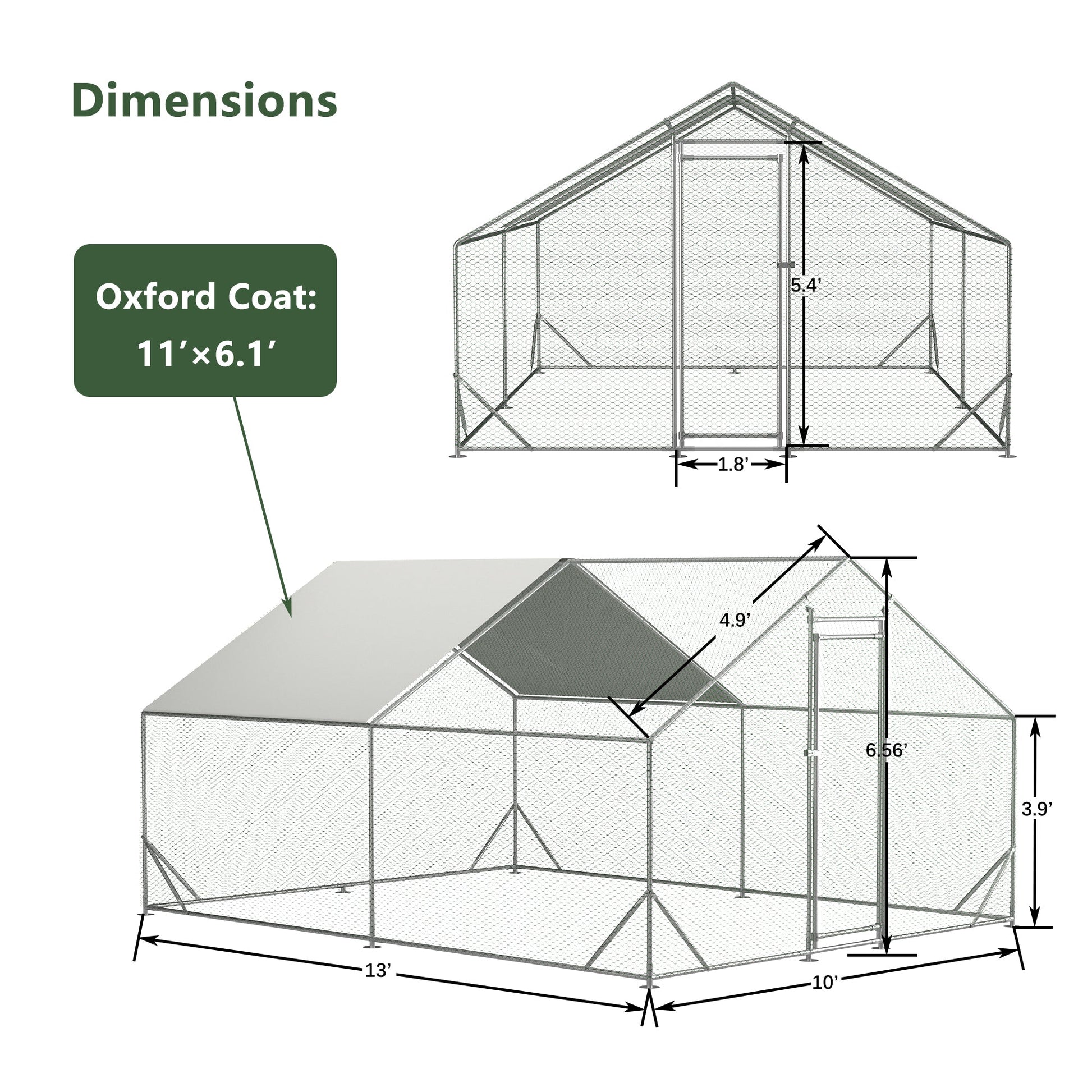Large metal chicken cage, galvanized iron ribbon waterproof and UV resistant cover (10 'long x 13' wide x 6.56 'high) - Korvel