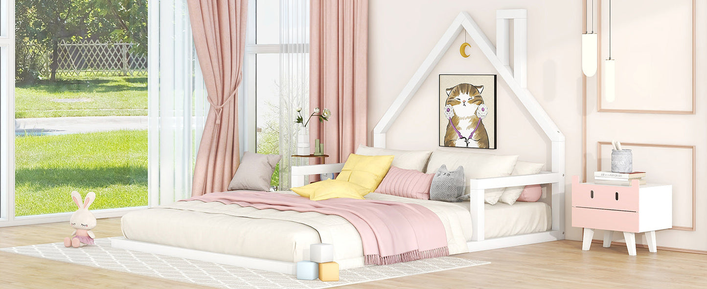 Full Size Wood Floor Bed with House-shaped Headboard  White - Korvel