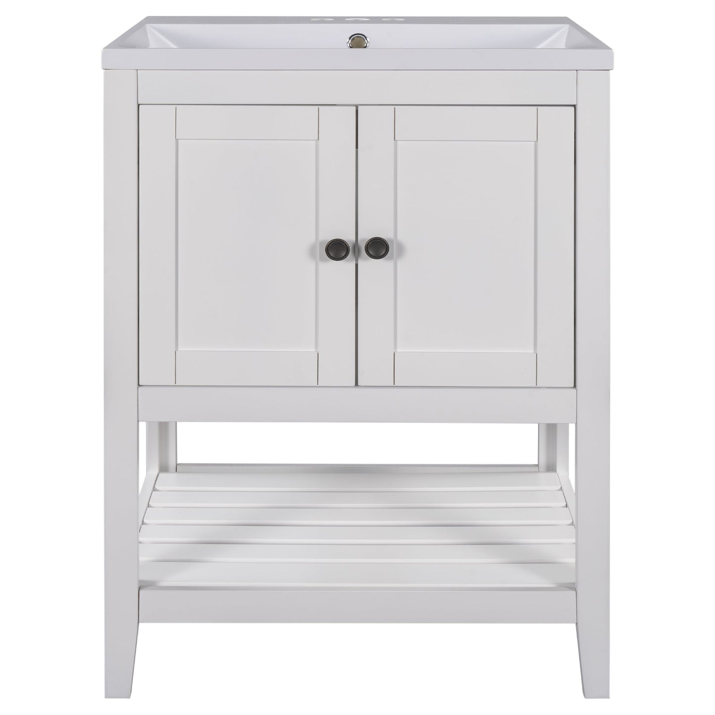 24" White Modern Sleek Bathroom Vanity Elegant Ceramic Sink with Solid Wood Frame Open Style Shelf - Korvel
