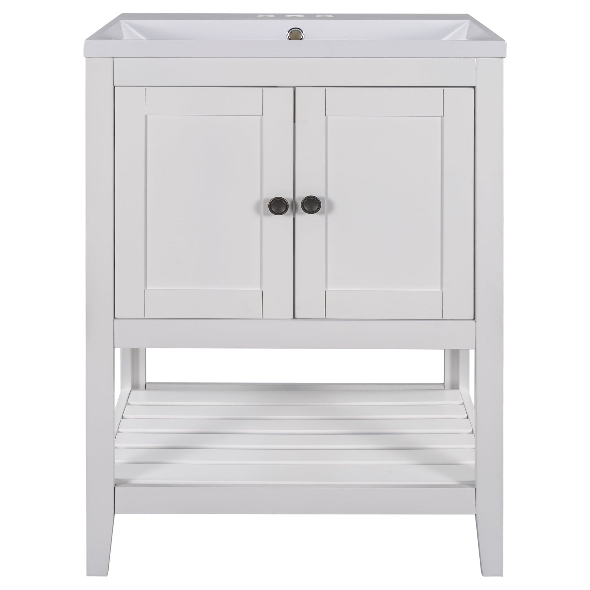 24" White Modern Sleek Bathroom Vanity Elegant Ceramic Sink with Solid Wood Frame Open Style Shelf - Korvel
