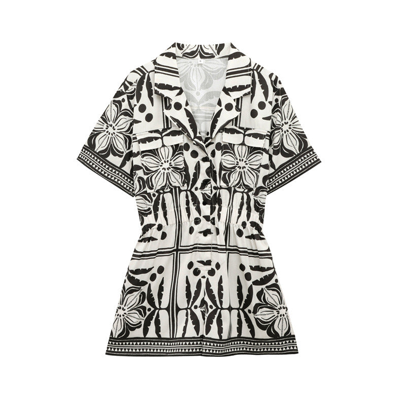 Versatile woven Cuban collar jumpsuit shorts - Korvel