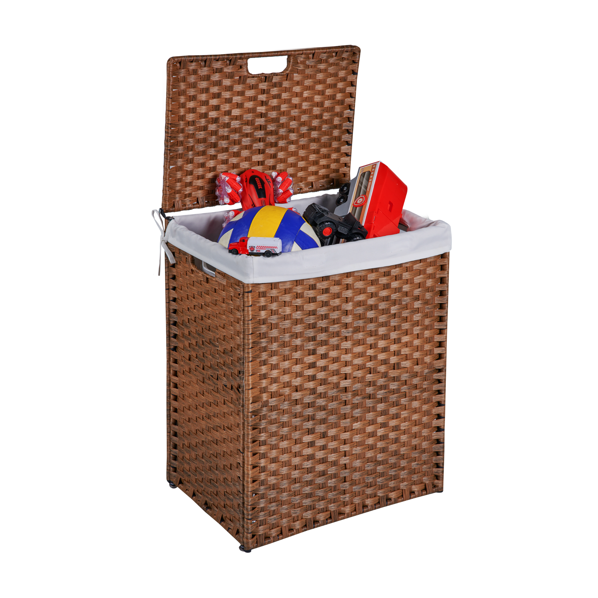 Laundry Hamper With Lid PE Rattan Powder Coating Frame Clothes Hampers with 02 Removable Bags, 100L, Brown Color - Korvel