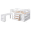 Low Study Full Loft Bed with Cabinet Shelves and Rolling Portable Desk Multiple Functions Bed- White - Korvel