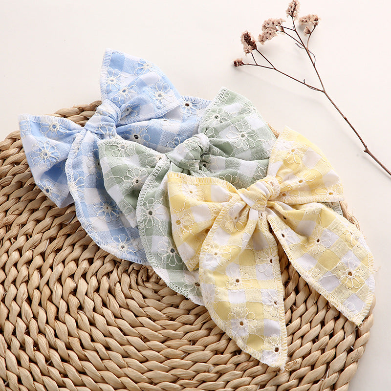 Children's Headwear Girl Plaid Cotton Embroidery Bow Hairpin Big Swallowtail Hairpin - Korvel