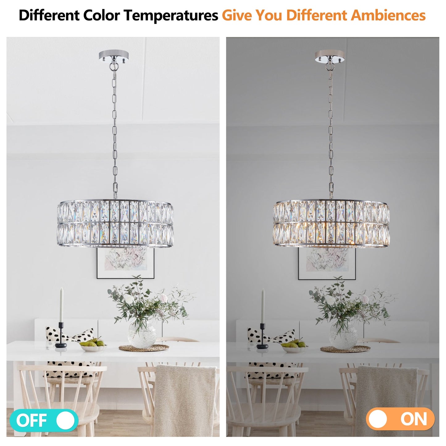 Modern crystal drum pendant light, 6-light pendant light, with silver metal frame (excluding light bulb) - Korvel