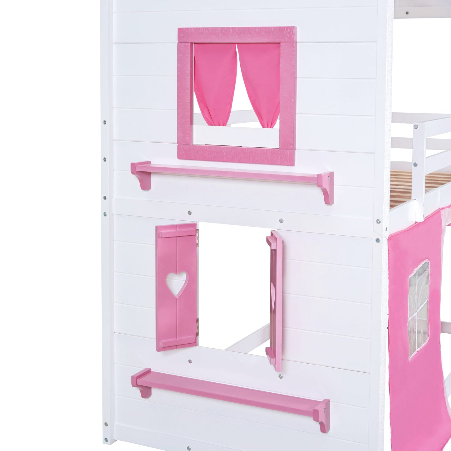 Elegant Twin Size Bunk Wood House Bed in Pink and White