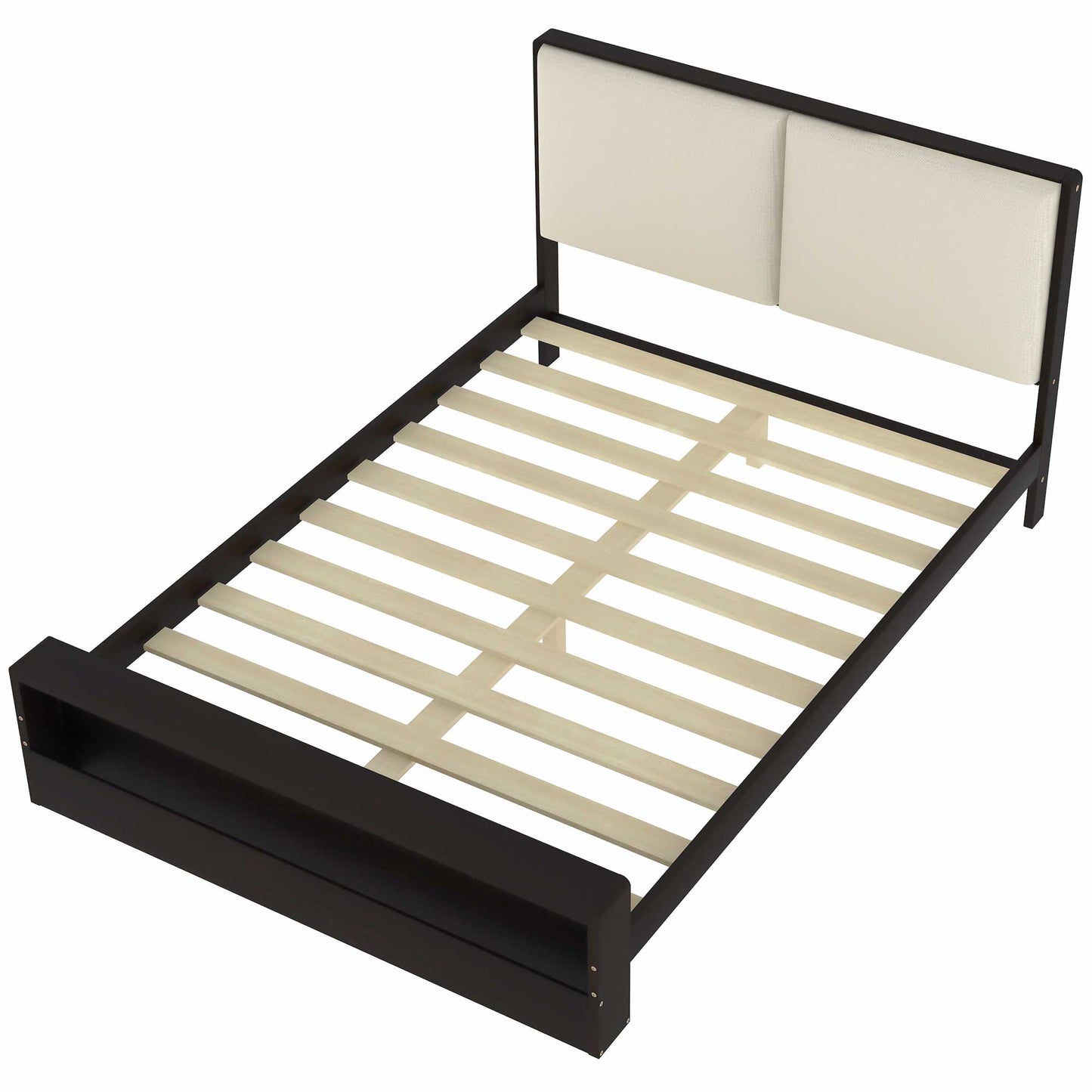 Queen Size Platform Bed Frame with Upholstery Headboard and Bookshelf in Footboard and LED Light Strips, Espresso - Korvel