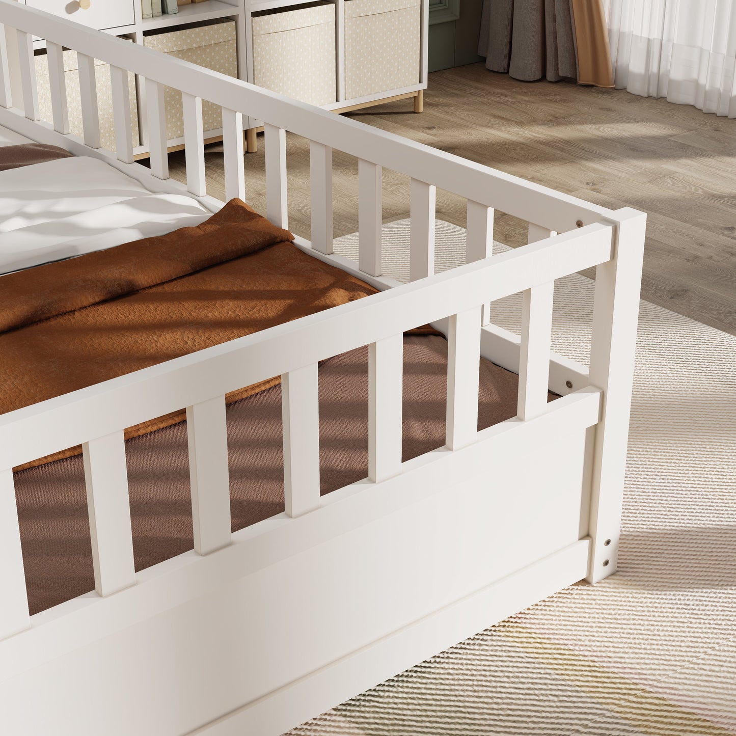 Double bed floor standing bed with ultra-high safety barrier, children's floor standing bed frame, Montessori wooden white - Korvel